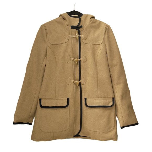 Tommy Hilfiger Pea Coat Teddybear Clasp Toggle Coat Hooded Camel Blue Trim Sz M